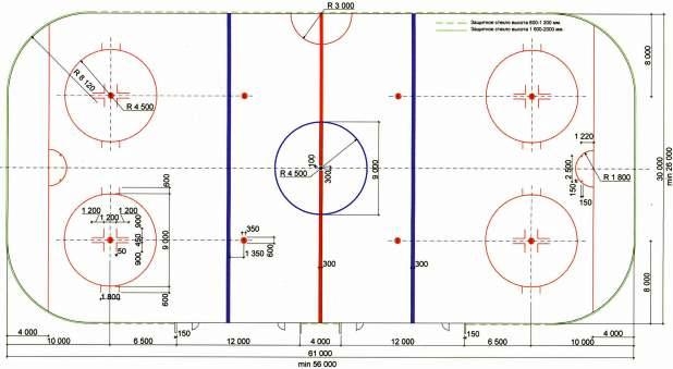 Размер хоккейной площадки в россии. Разметка хоккейной площадки 30-60. Разметка хоккейной коробки 60 на 30. Габариты хоккейной площадки. Разметка хоккейной площадки НХЛ схема.